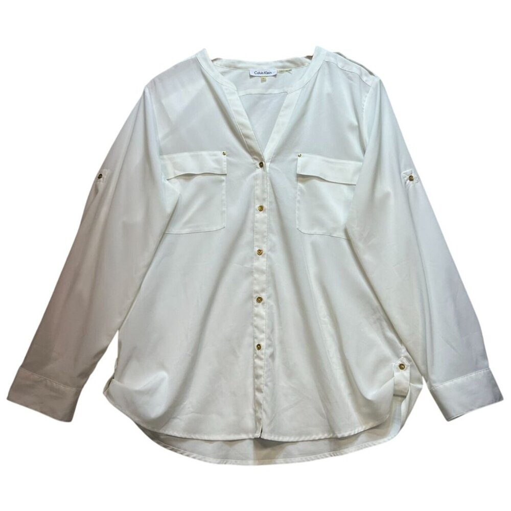 Calvin Klein Women's Button Up Tunic Blouse Lightweight Size XL White Pockets